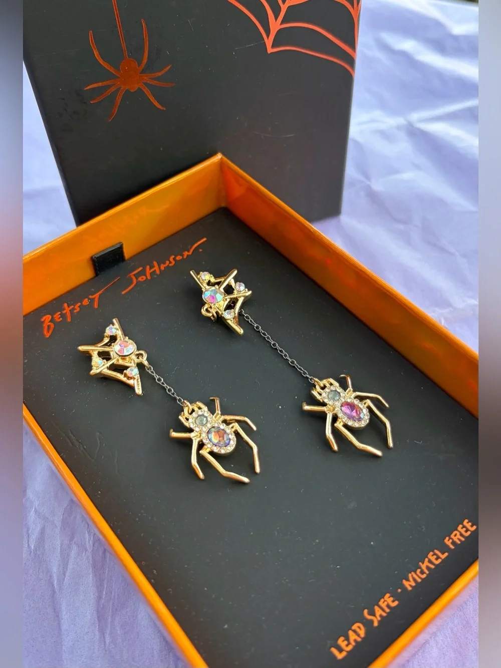 Betsey Johnson Gold Spider Drop Earrings with Purple Gems